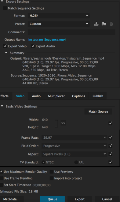 Adobe Premiere Pro settings for video export.
